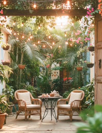 Best places to stay in Pondicherry — a charming boutique guesthouse courtyard with fairy lights, bougainvillea, and rattan chairs in the French Quarter thumbnail