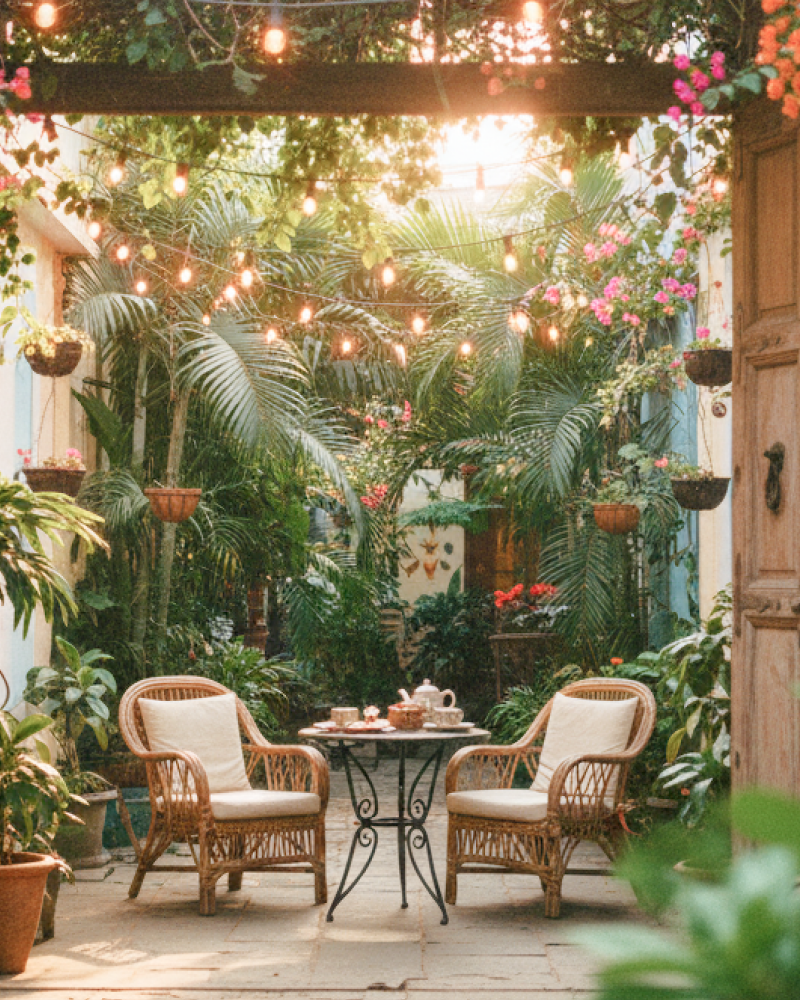 Best places to stay in Pondicherry — a charming boutique guesthouse courtyard with fairy lights, bougainvillea, and rattan chairs in the French Quarter thumbnail
