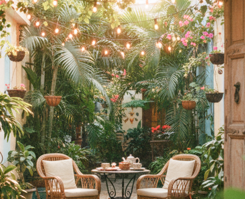 Best places to stay in Pondicherry — a charming boutique guesthouse courtyard with fairy lights, bougainvillea, and rattan chairs in the French Quarter thumbnail
