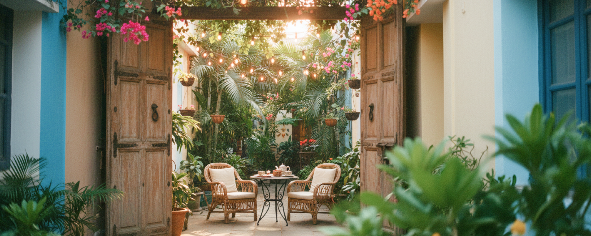 Best places to stay in Pondicherry — a charming boutique guesthouse courtyard with fairy lights, bougainvillea, and rattan chairs in the French Quarter