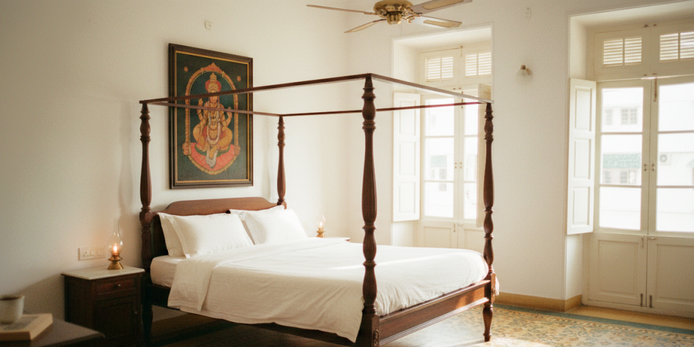 Charming stay in Pondicherry — a colonial four poster bedroom with white linen, Athangudi tiled floors, brass oil lamps, and a Tanjore painting above the bed