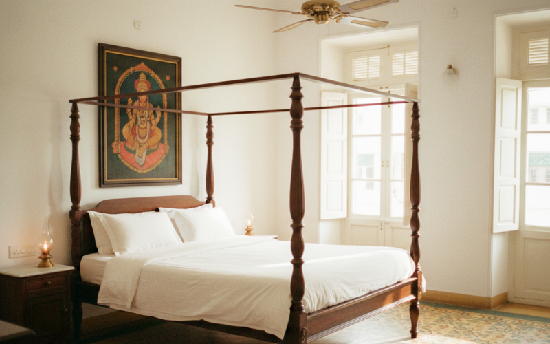 Charming stay in Pondicherry — a colonial four poster bedroom with white linen, Athangudi tiled floors, brass oil lamps, and a Tanjore painting above the bed