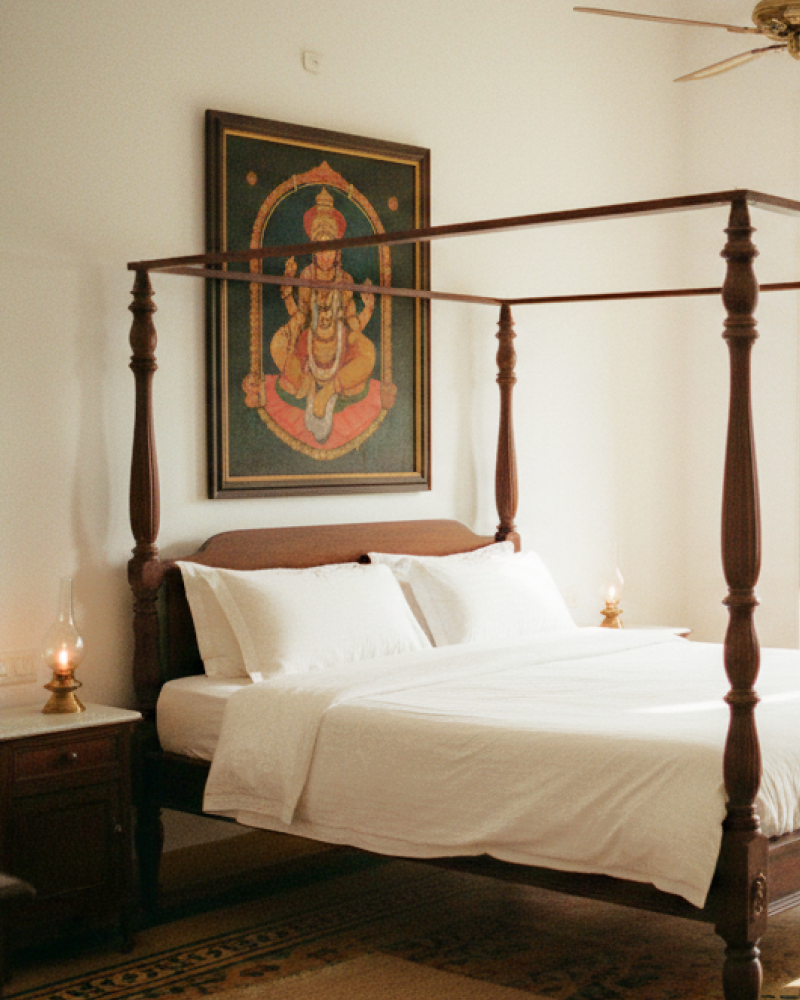 Charming stay in Pondicherry — a colonial four poster bedroom with white linen, Athangudi tiled floors, brass oil lamps, and a Tanjore painting above the bed thumbnail