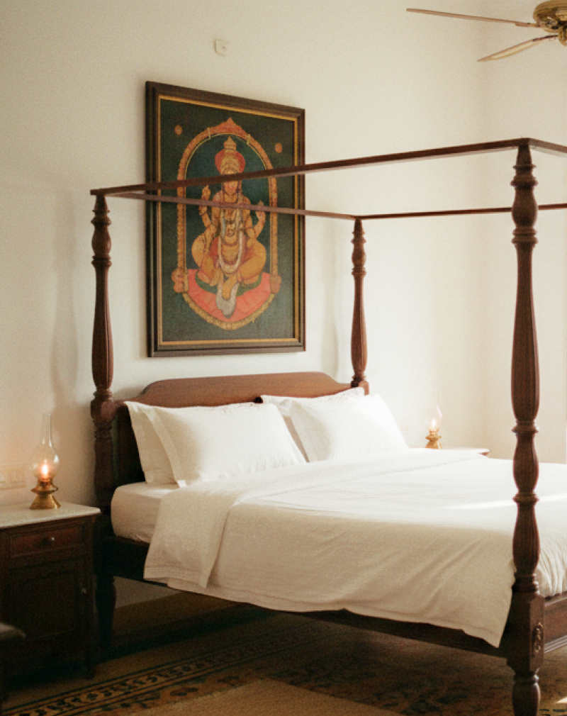Charming stay in Pondicherry — a colonial four poster bedroom with white linen, Athangudi tiled floors, brass oil lamps, and a Tanjore painting above the bed thumbnail