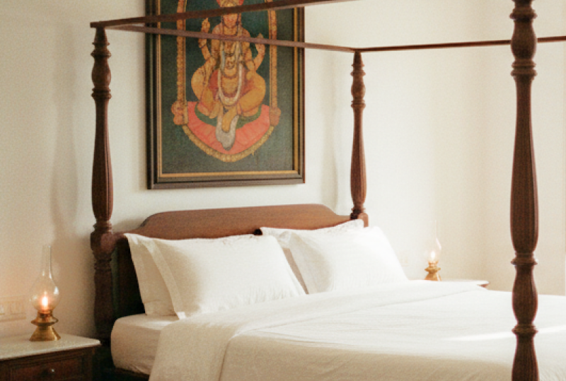 Charming stay in Pondicherry — a colonial four poster bedroom with white linen, Athangudi tiled floors, brass oil lamps, and a Tanjore painting above the bed thumbnail