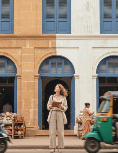 Female traveler standing outside historic colonial building with blue shutters, street market stalls, scooter and auto rickshaw in India thumbnail