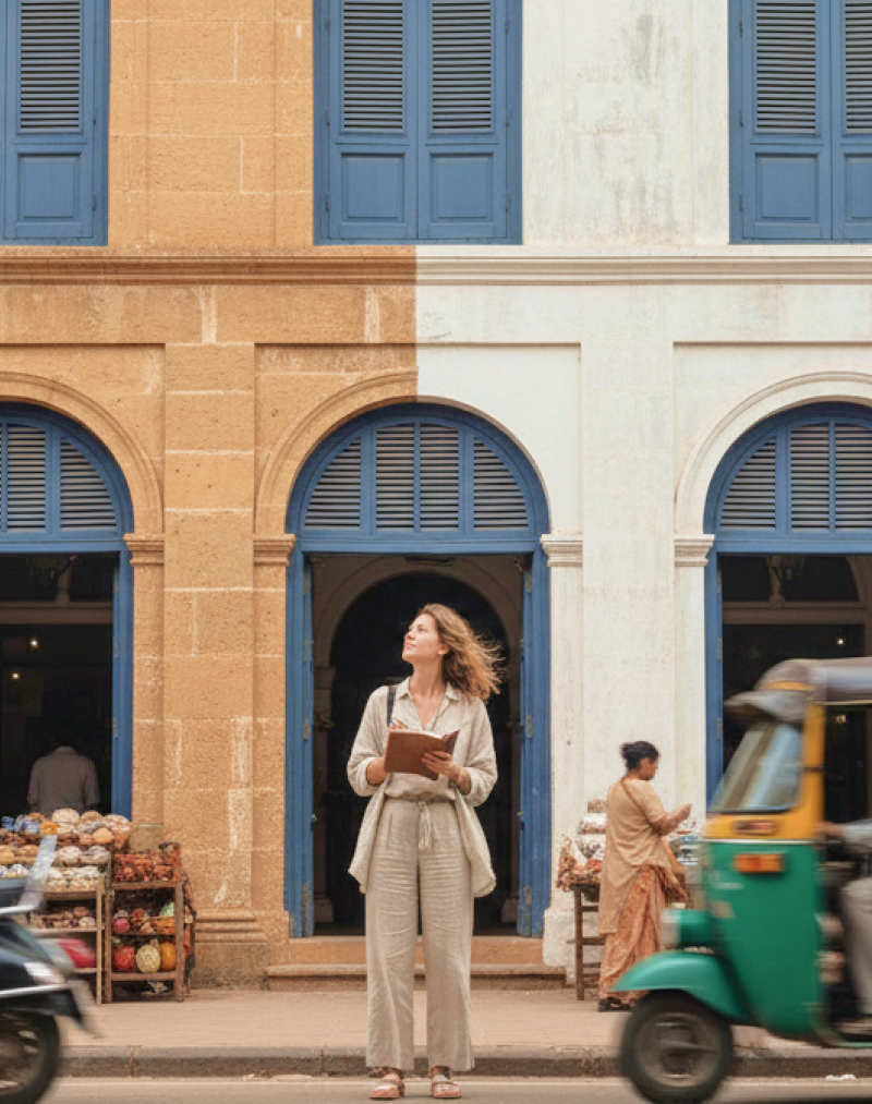 Female traveler standing outside historic colonial building with blue shutters, street market stalls, scooter and auto rickshaw in India thumbnail