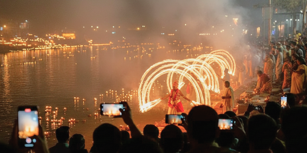 Experience Indian festivals as a tourist — Ganga Aarti fire ceremony in Varanasi during Diwali