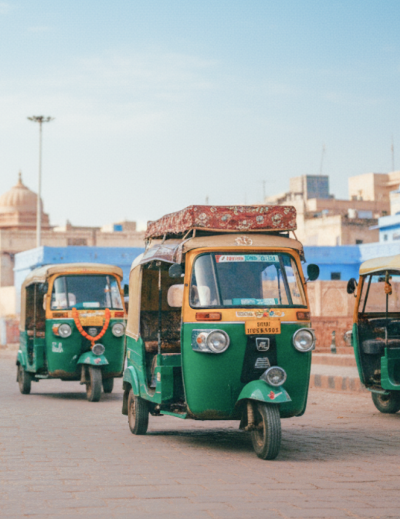 Green and yellow auto rickshaws driving along a cobblestone street toward a historic stone archway in an India thumbnail