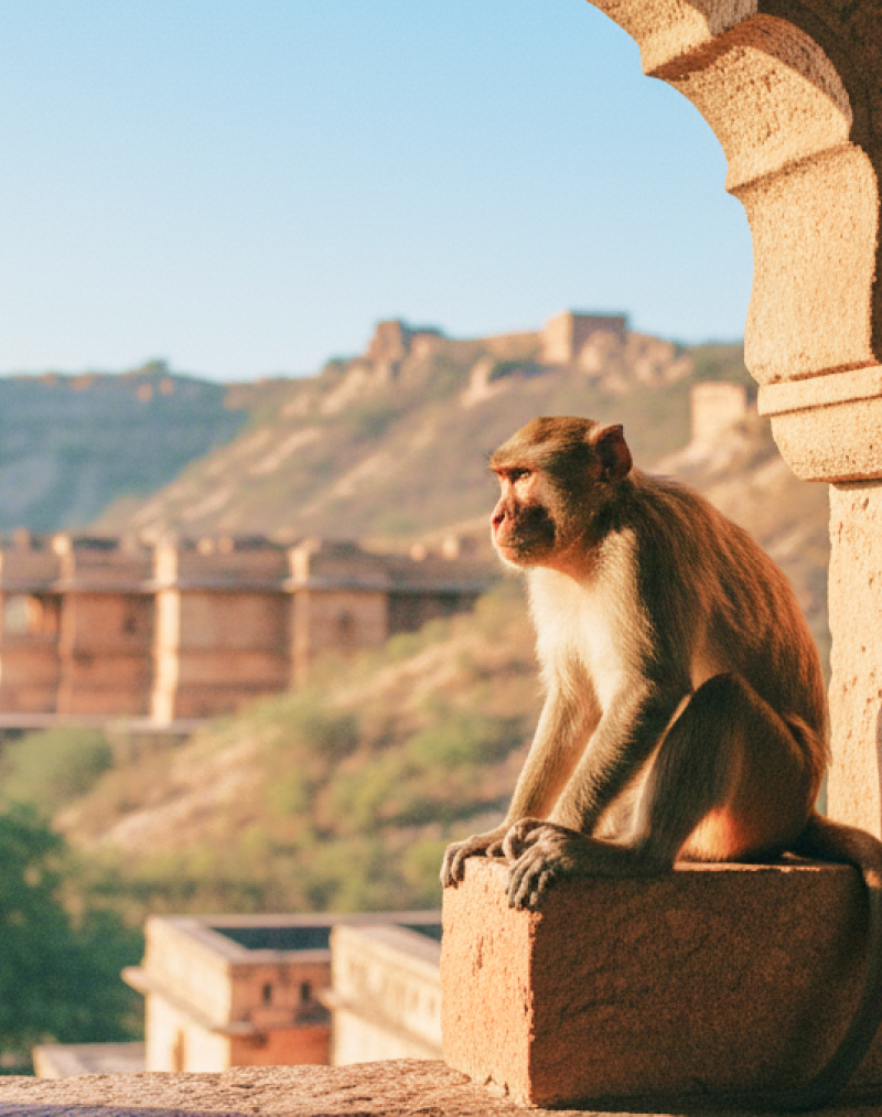 Monkey sitting on a sandstone arch at Galta Ji (Monkey Temple) in Jaipur, overlooking historic temples and hills in warm evening light thumbnail
