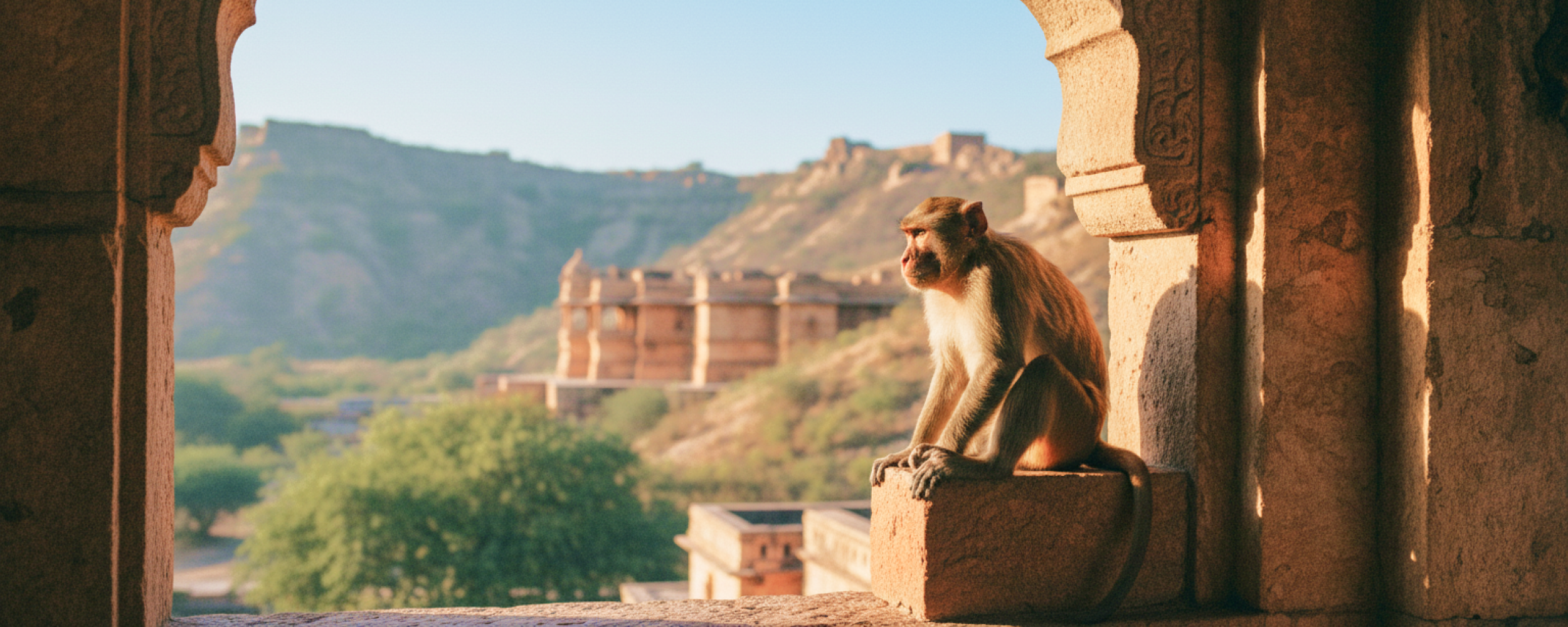 Monkey sitting on a sandstone arch at Galta Ji (Monkey Temple) in Jaipur, overlooking historic temples and hills in warm evening light