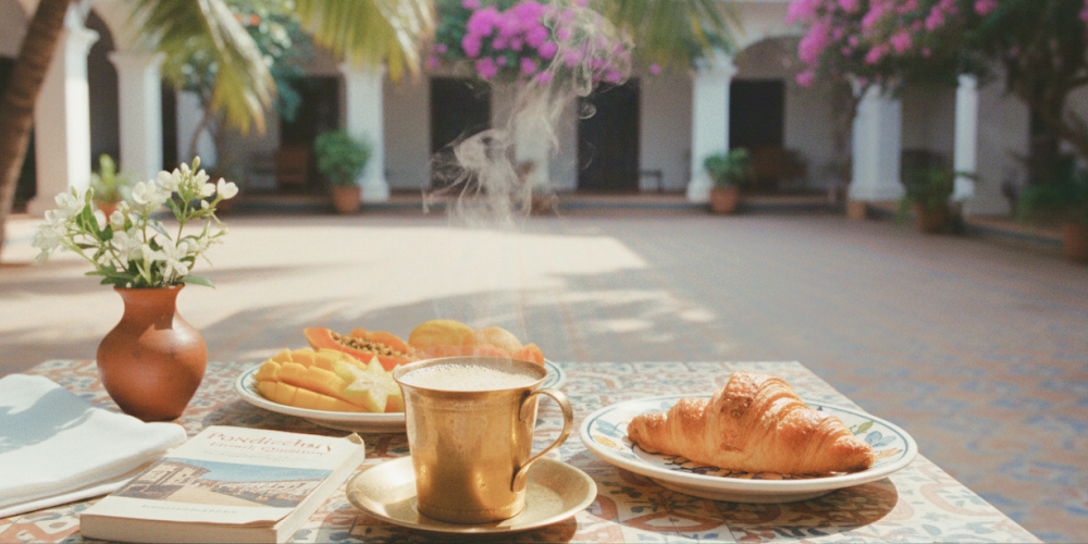 Pondicherry hotels and homestays experience — a colonial courtyard breakfast with steaming filter coffee, fresh tropical fruit, and a croissant on Athangudi tiled table