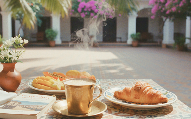 Pondicherry hotels and homestays experience — a colonial courtyard breakfast with steaming filter coffee, fresh tropical fruit, and a croissant on Athangudi tiled table
