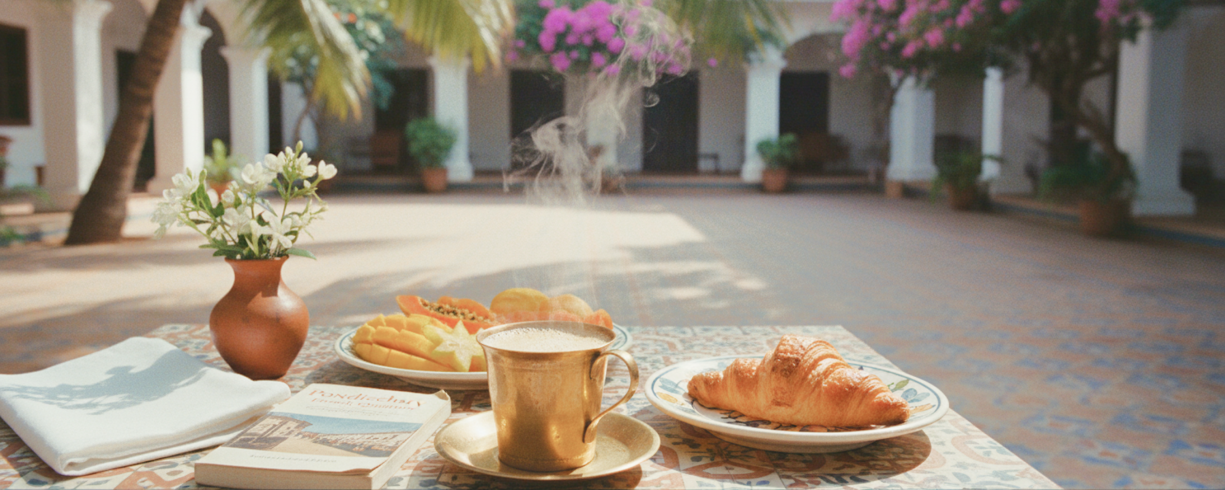 Pondicherry hotels and homestays experience — a colonial courtyard breakfast with steaming filter coffee, fresh tropical fruit, and a croissant on Athangudi tiled table