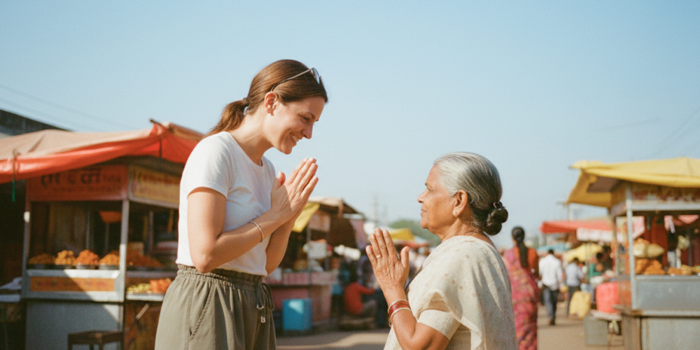 Cultural etiquette in India for tourists — traveler greeting a local woman with namaste at a colorful street market