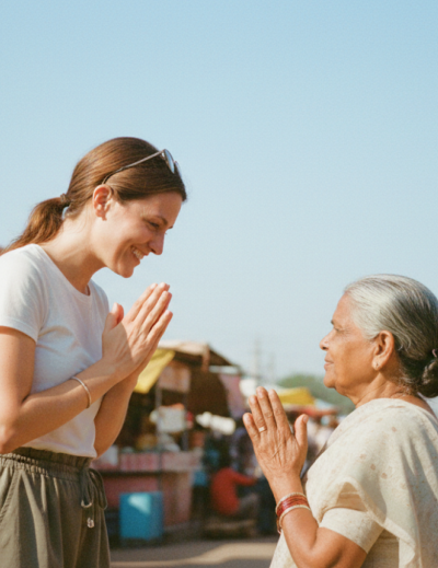 Cultural etiquette in India for tourists — traveler greeting a local woman with namaste at a colorful street market