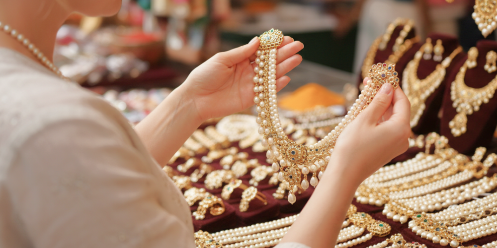 woman holding up pearl and gold necklace