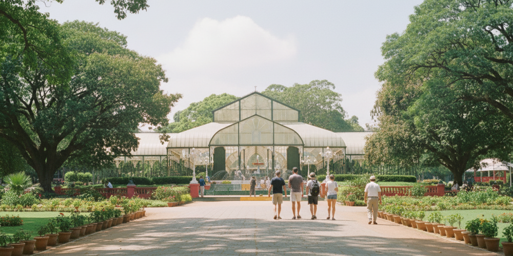 day Bangalore itinerary stop at Lalbagh Botanical Garden — visitors walking toward the iconic Glass House surrounded by century old trees and rose beds