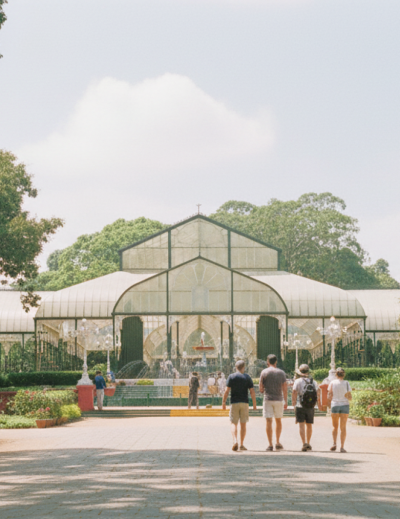day Bangalore itinerary stop at Lalbagh Botanical Garden — visitors walking toward the iconic Glass House surrounded by century old trees and rose beds thumbnail