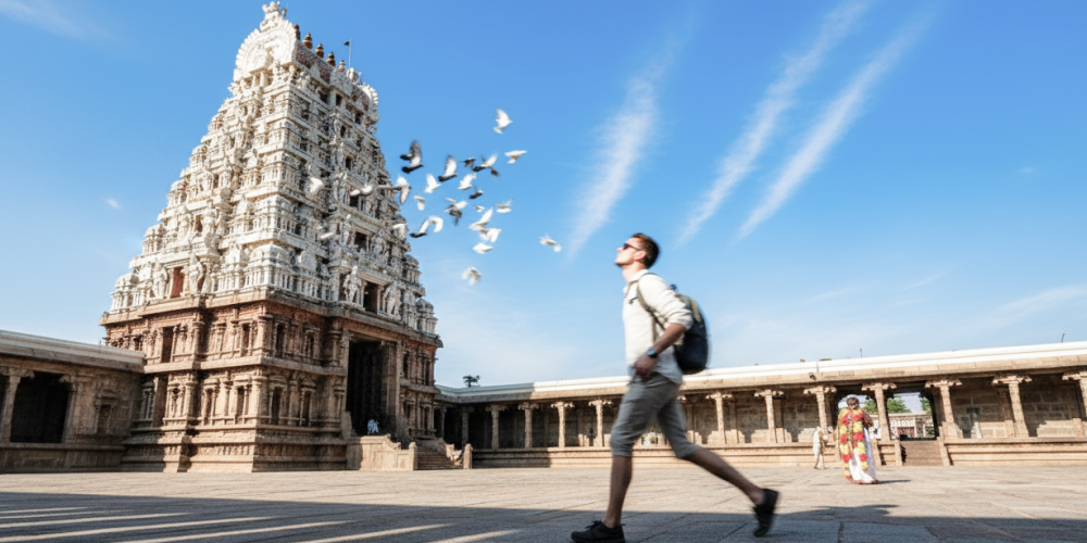 A Caucasian tourist walking through the courtyard of Kapaleeshwarar Temple in Chennai, with pigeons in flight against a vivid blue sky — Chennai travel guide