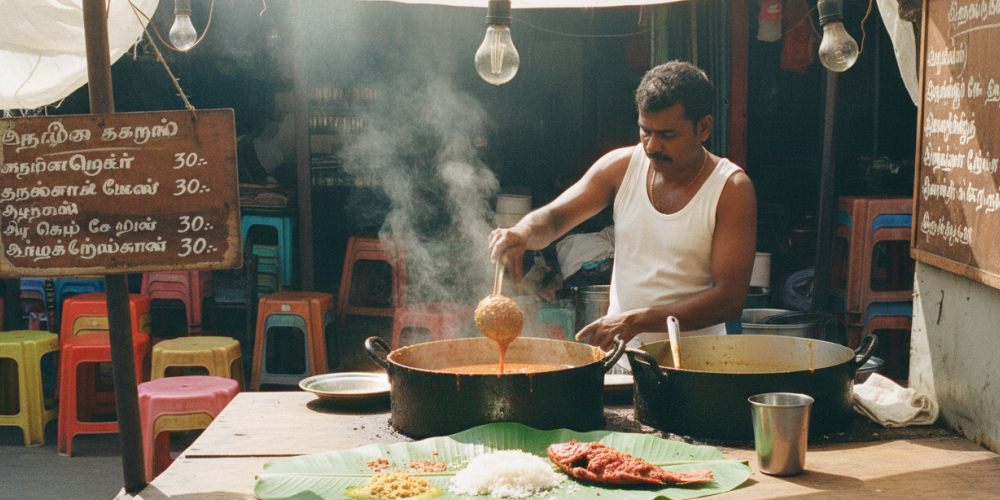 A Tamil street food vendor ladles curry at a Pondicherry market stall — the kind of spot you'll find when exploring where to eat in Pondicherry beyond the café strip