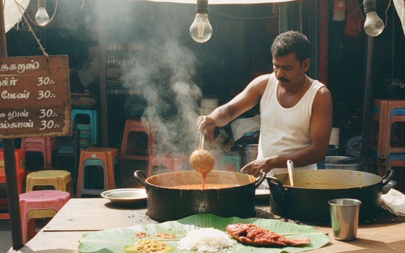A Tamil street food vendor ladles curry at a Pondicherry market stall — the kind of spot you'll find when exploring where to eat in Pondicherry beyond the café strip