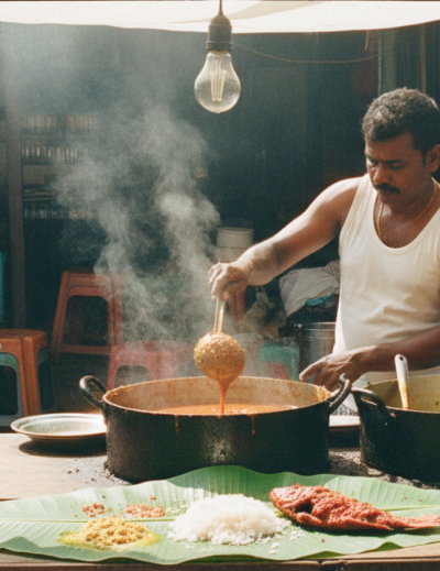A Tamil street food vendor ladles curry at a Pondicherry market stall — the kind of spot you'll find when exploring where to eat in Pondicherry beyond the café strip thumbnail