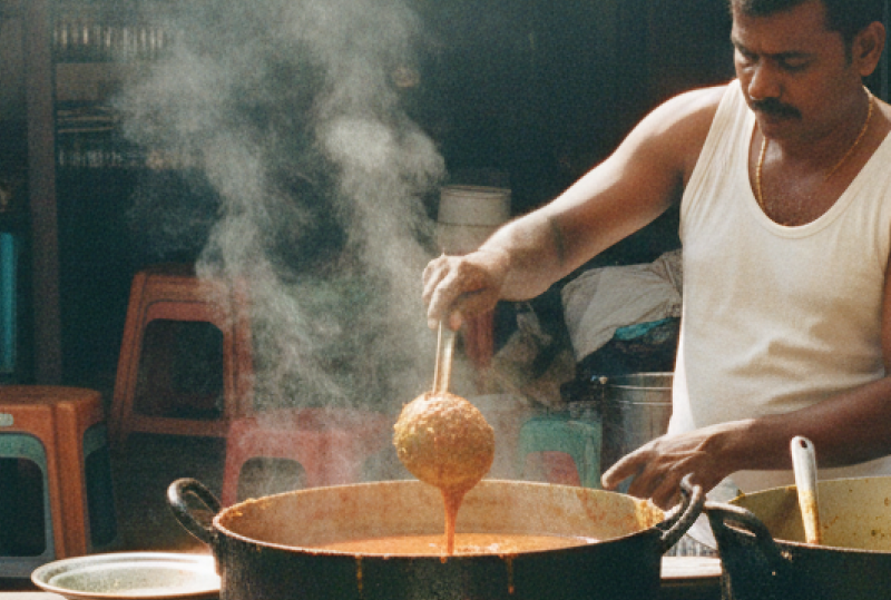 A Tamil street food vendor ladles curry at a Pondicherry market stall — the kind of spot you'll find when exploring where to eat in Pondicherry beyond the café strip thumbnail