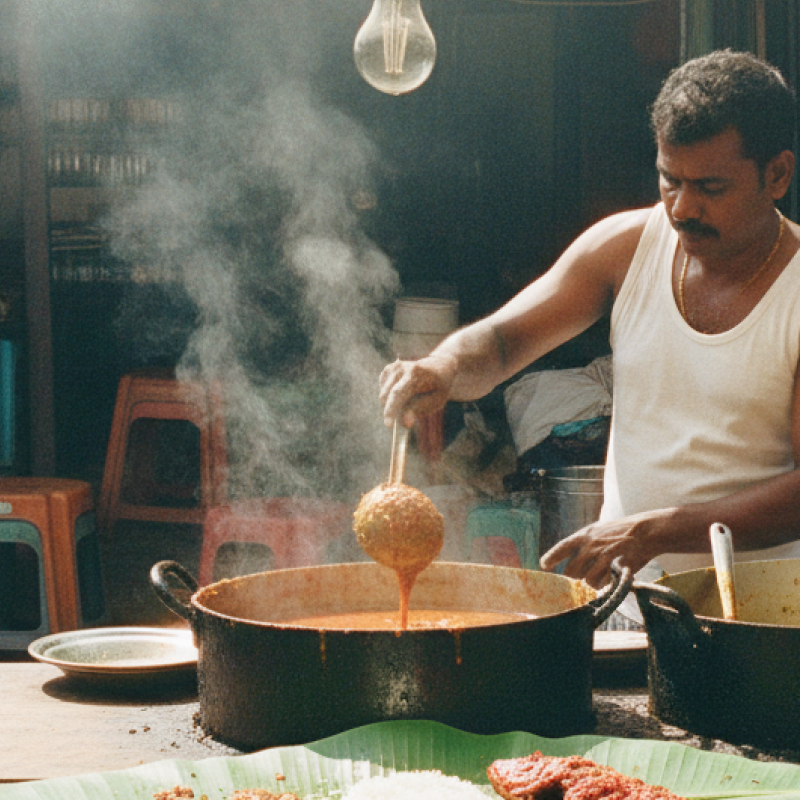 A Tamil street food vendor ladles curry at a Pondicherry market stall — the kind of spot you'll find when exploring where to eat in Pondicherry beyond the café strip thumbnail
