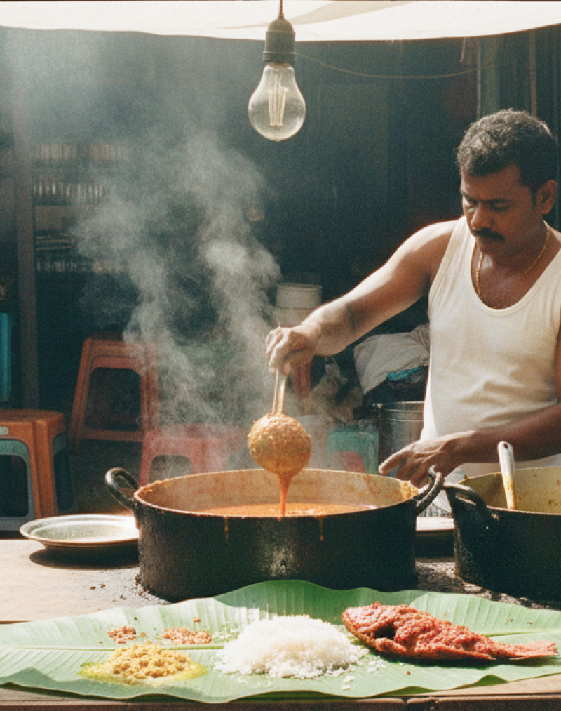A Tamil street food vendor ladles curry at a Pondicherry market stall — the kind of spot you'll find when exploring where to eat in Pondicherry beyond the café strip thumbnail
