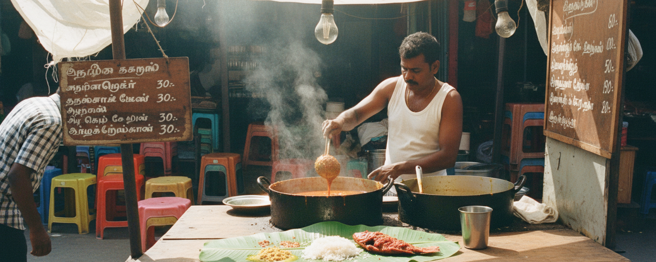 A Tamil street food vendor ladles curry at a Pondicherry market stall — the kind of spot you'll find when exploring where to eat in Pondicherry beyond the café strip
