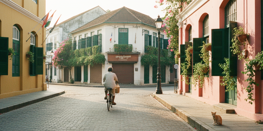 A cyclist rides through an empty cobblestone street in Pondicherry's White Town at golden hour, flanked by colonial buildings and bougainvillea — captured in this Pondicherry travel guide