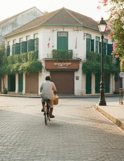 A cyclist rides through an empty cobblestone street in Pondicherry's White Town at golden hour, flanked by colonial buildings and bougainvillea — captured in this Pondicherry travel guide thumbnail