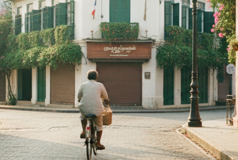A cyclist rides through an empty cobblestone street in Pondicherry's White Town at golden hour, flanked by colonial buildings and bougainvillea — captured in this Pondicherry travel guide thumbnail