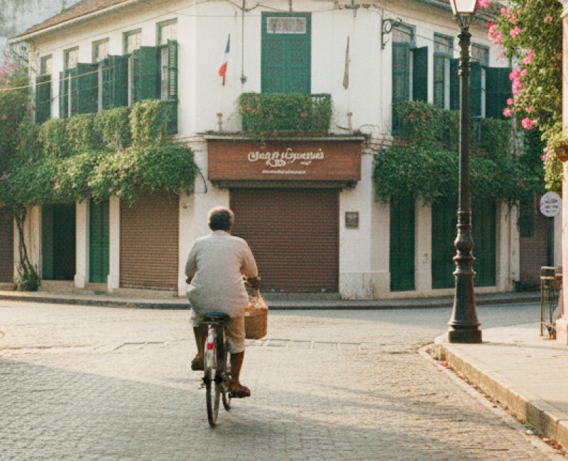 A cyclist rides through an empty cobblestone street in Pondicherry's White Town at golden hour, flanked by colonial buildings and bougainvillea — captured in this Pondicherry travel guide thumbnail