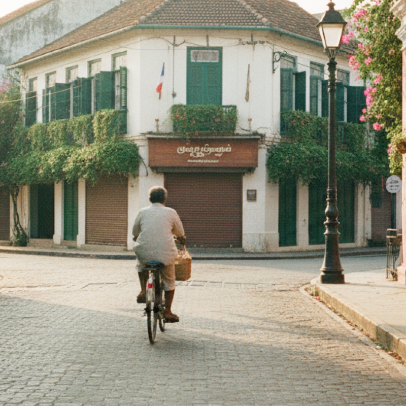 A cyclist rides through an empty cobblestone street in Pondicherry's White Town at golden hour, flanked by colonial buildings and bougainvillea — captured in this Pondicherry travel guide thumbnail