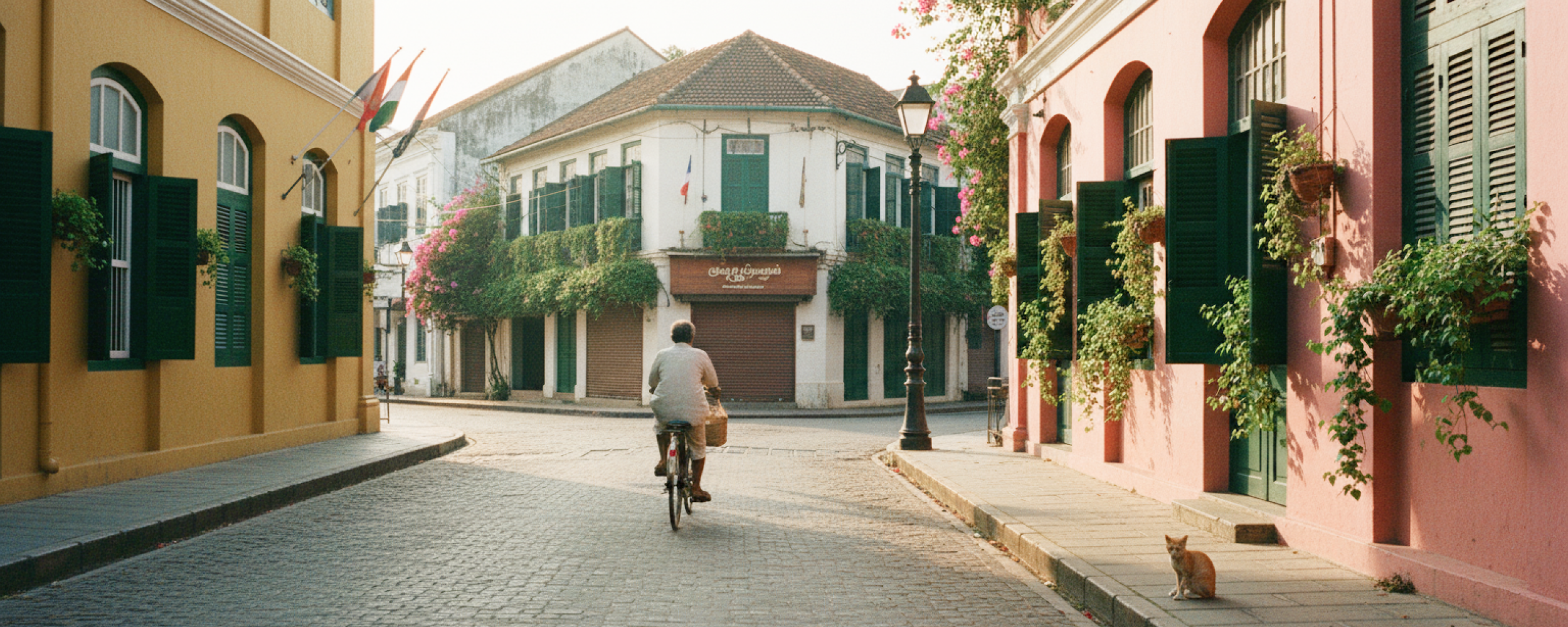 A cyclist rides through an empty cobblestone street in Pondicherry's White Town at golden hour, flanked by colonial buildings and bougainvillea — captured in this Pondicherry travel guide