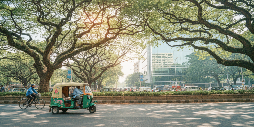 Bangalore travel guide — auto rickshaw and cyclist on a tree lined boulevard with a glass office building visible through the canopy, capturing the city's mix of old and new