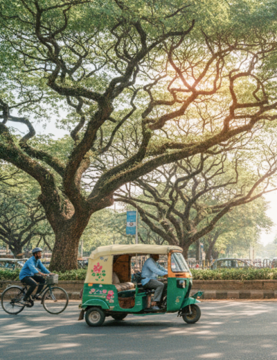 Bangalore travel guide — auto rickshaw and cyclist on a tree lined boulevard with a glass office building visible through the canopy, capturing the city's mix of old and new thumbnail