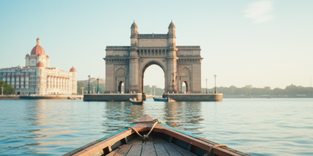 Boat's eye view of the Gateway of India and Taj Mahal Palace on the Mumbai travel guide, harbour glowing in early morning light