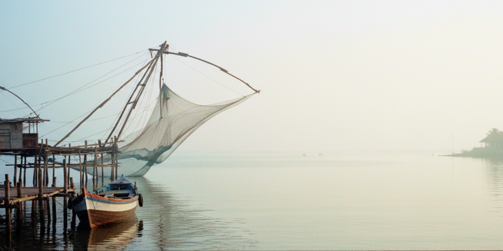 Chinese fishing nets and a weathered wooden boat on the misty Fort Kochi waterfront at dawn — a highlight of any day Kochi itinerary