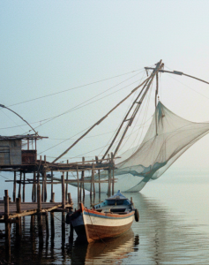 Chinese fishing nets and a weathered wooden boat on the misty Fort Kochi waterfront at dawn — a highlight of any day Kochi itinerary thumbnail