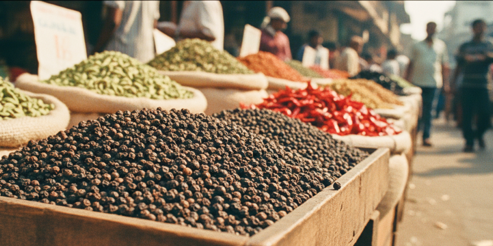Colourful spice stalls piled with black pepper, cardamom, and dried chilli at a Kochi market — essential stops when exploring where to eat in Kochi