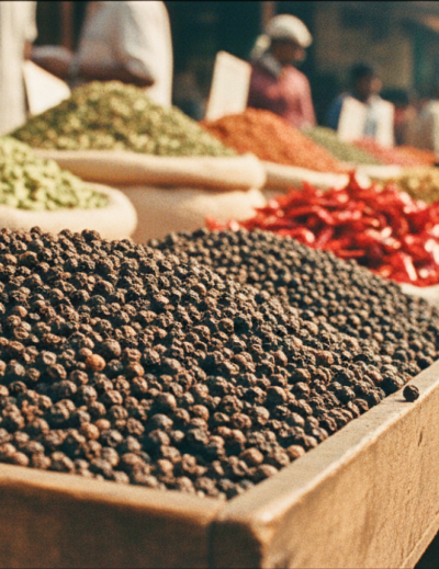 Colourful spice stalls piled with black pepper, cardamom, and dried chilli at a Kochi market — essential stops when exploring where to eat in Kochi thumbnail