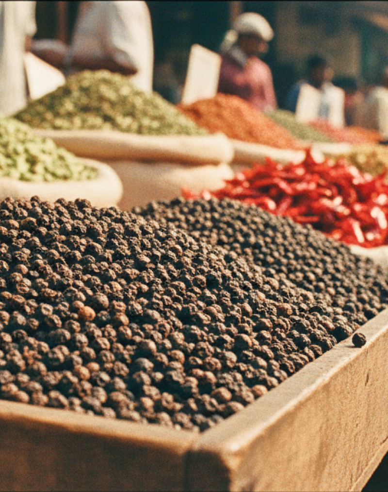 Colourful spice stalls piled with black pepper, cardamom, and dried chilli at a Kochi market — essential stops when exploring where to eat in Kochi thumbnail