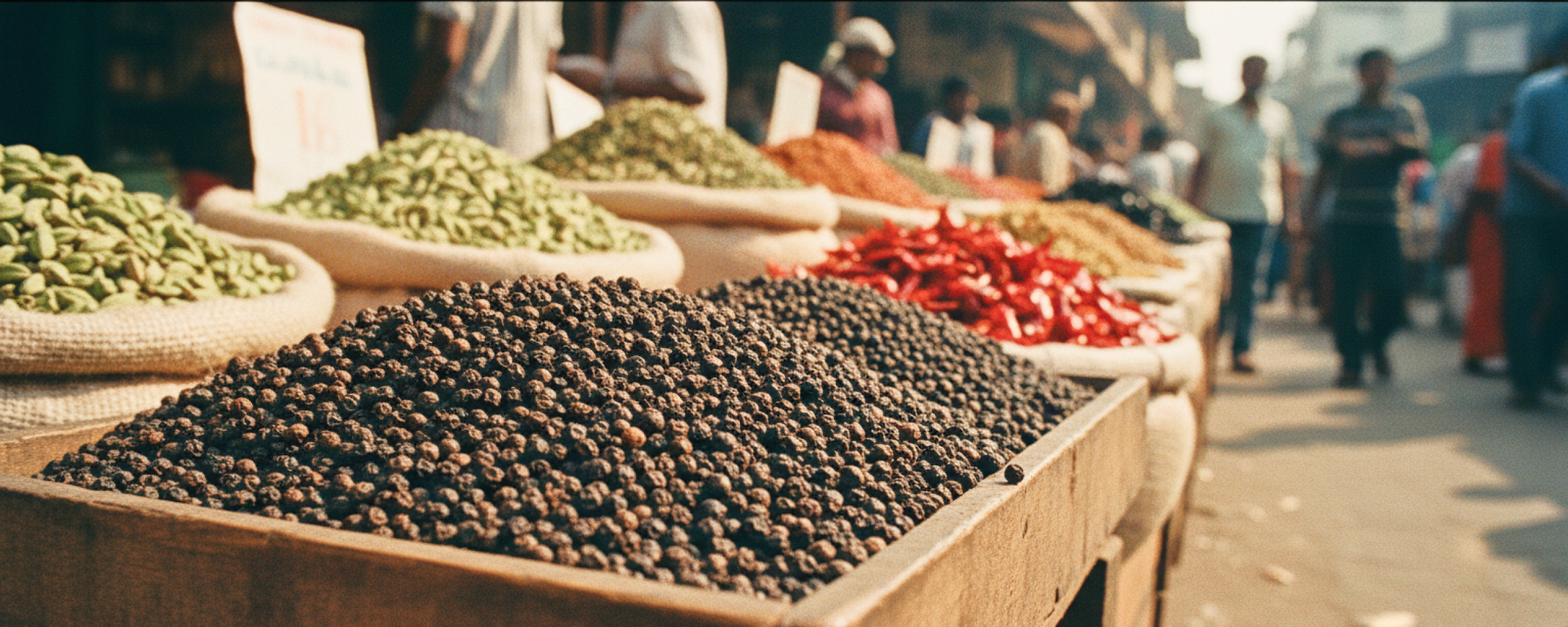 Colourful spice stalls piled with black pepper, cardamom, and dried chilli at a Kochi market — essential stops when exploring where to eat in Kochi