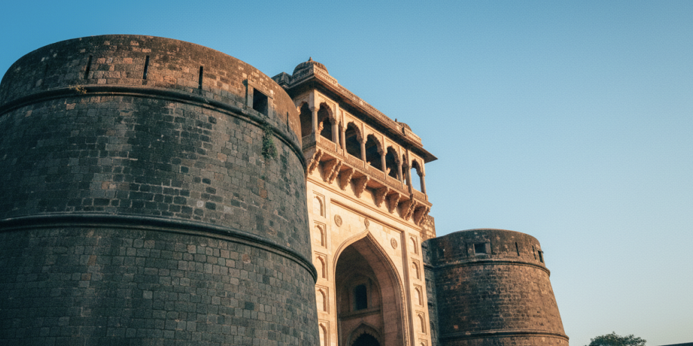Low angle view of Shaniwar Wada's rounded bastion and colonnaded gateway at golden hour — an iconic landmark in any Pune travel guide