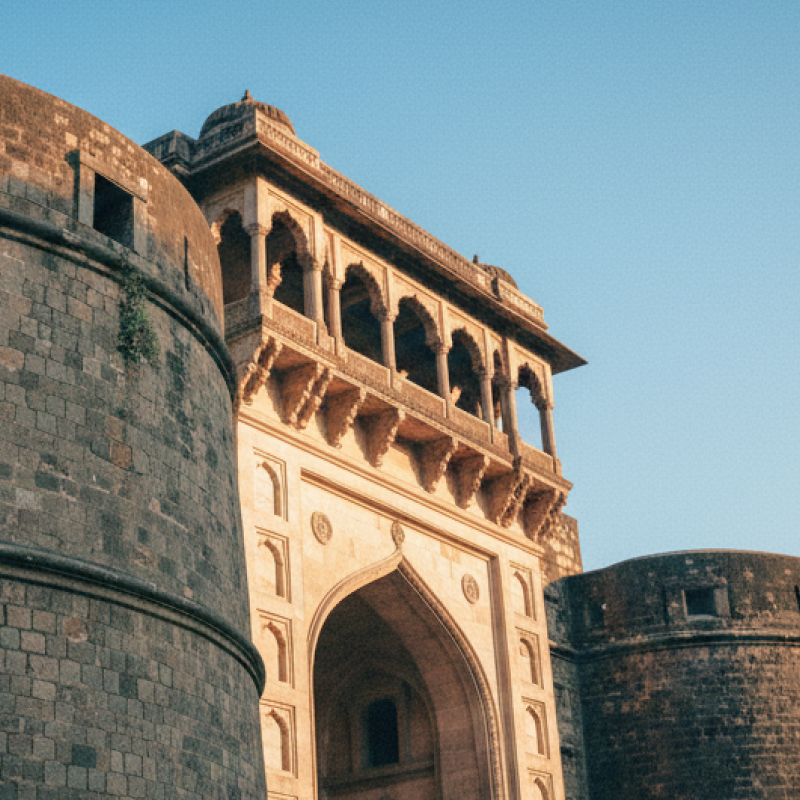 Low angle view of Shaniwar Wada's rounded bastion and colonnaded gateway at golden hour — an iconic landmark in any Pune travel guide thumbnail