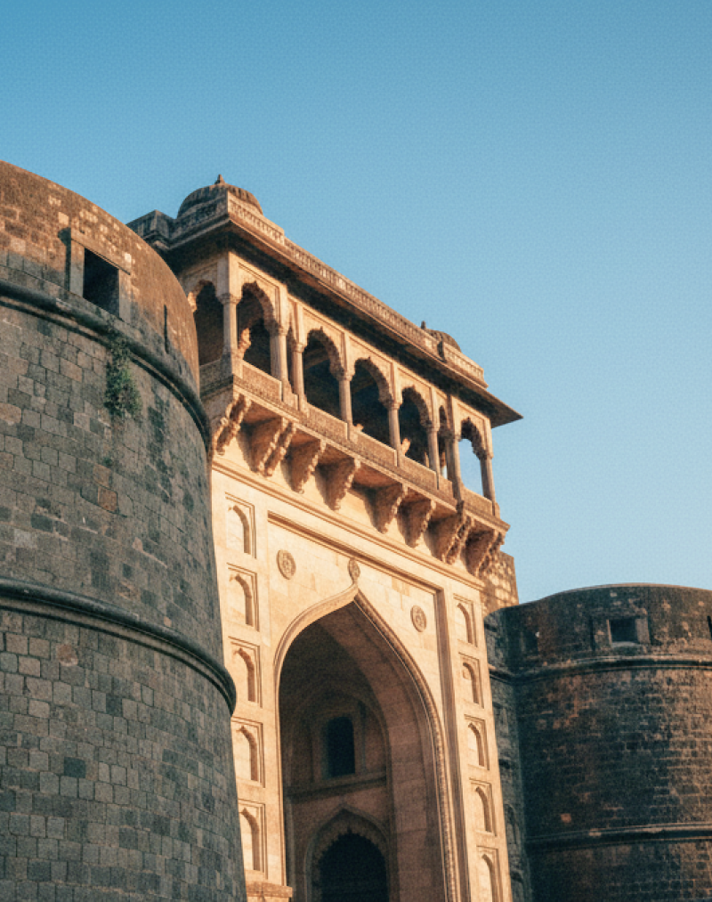 Low angle view of Shaniwar Wada's rounded bastion and colonnaded gateway at golden hour — an iconic landmark in any Pune travel guide thumbnail