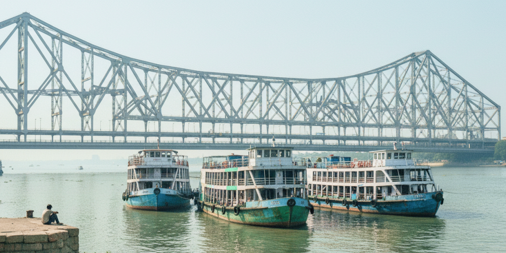 Passenger ferries moored on the Hooghly River with Howrah Bridge in the background, Kolkata travel guide